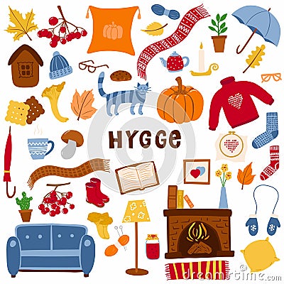 A set of elements on the theme of Hygge, autumn and a cozy home. A collection of hand-drawn design items isolated on a white Cartoon Illustration