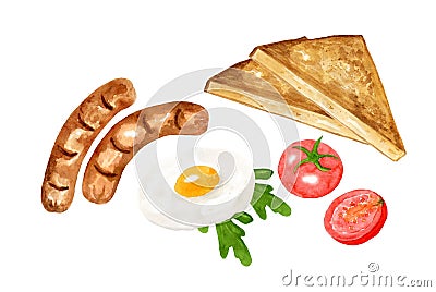 Set elements traditional breakfast with egg, toast, sausages, tomatoes and herbs. Hand drawn watercolor illustration Cartoon Illustration