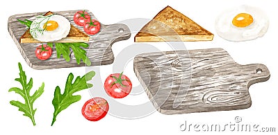 Set elements traditional breakfast toast with fried egg, tomatoes and herbs on cutting board. Hand drawn watercolor Cartoon Illustration