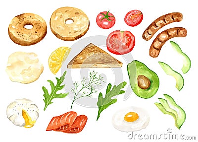 Set elements traditional english breakfast with eggs, toast, sausages, fish, avocado, tomatoes and herbs . Hand drawn Cartoon Illustration