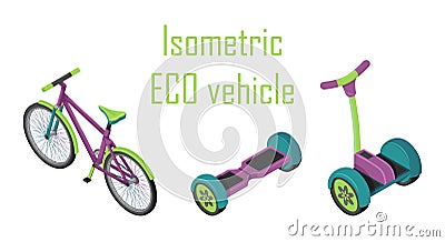 Set of elements of urban transport in isometric. An environmentally friendly vehicle for walking, recreation, sports Vector Illustration