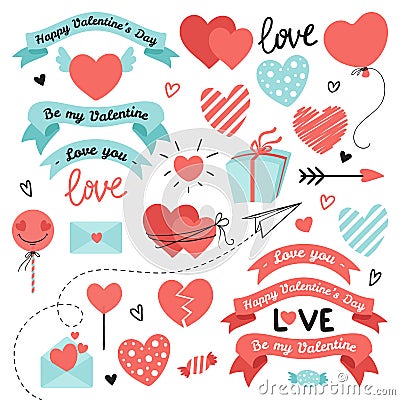 Set of elements for Valentines Day, wedding design. Includes hearts, ribbons, sweets, letters, envelopes, arrows. Love Vector Illustration