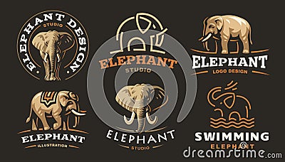 Set elephant logo - vector illustration, emblem on dark background Vector Illustration