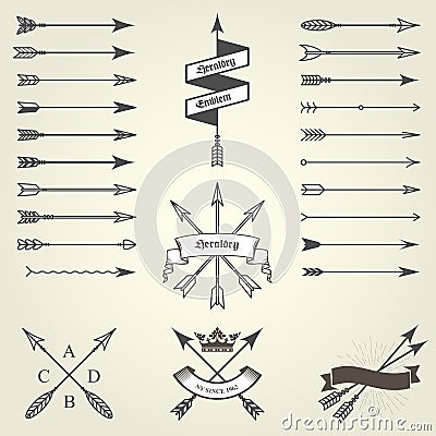 Set of emblems and blazons with arrows, heraldic seals Vector Illustration