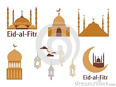 Set of emblems for islamic holiday. Ramadan traditions. Eid-al-Fitr greeting. Best badges set for your design. Mosque, moon. Vector Illustration