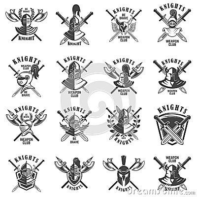 Set of emblems with knights, swords and shields. Design element for logo, label, emblem, sign, poster, t shirt Vector Illustration
