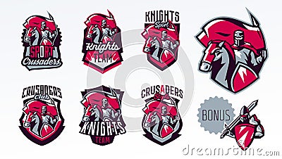 A set of emblems, logos, stickers, a knight with a flag on a horse. Crusader, swordsman, warrior, armor, banner Vector Illustration