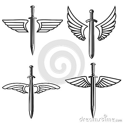 Set of emblems with medieval sword and wings. Design element for logo, label, sign. Vector Illustration