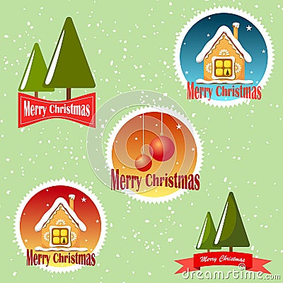 Set of emblems merry christmas on green background with snow Vector Illustration