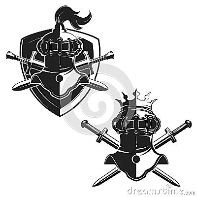 Set of the emblems templates with swords and knights helmets. De Vector Illustration