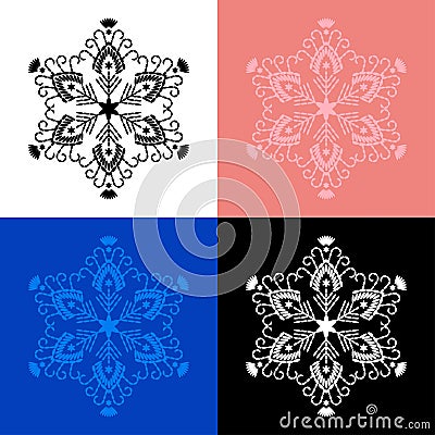 Set of 4 embroidered snowflakes. Merry Christmas! Winter holiday. Cartoon Illustration