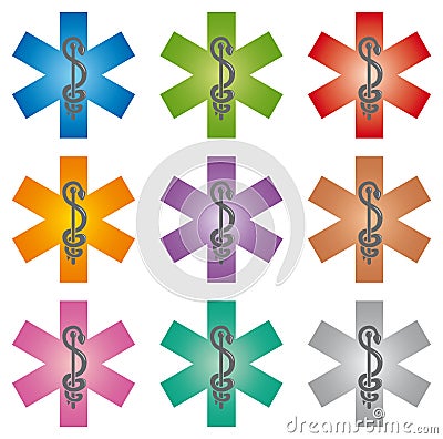 Set of 9 Emergency Star Icons with Caduceus Various Colors - Pharmaceutical Industry Vector Illustration