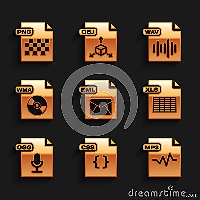 Set EML file document, CSS, MP3, XLS, OGG, WMA, WAV and PNG icon. Vector Stock Photo