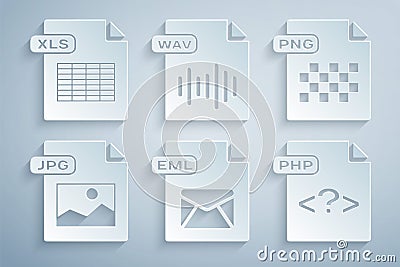Set EML file document, PNG, JPG, PHP, WAV and XLS icon. Vector Vector Illustration