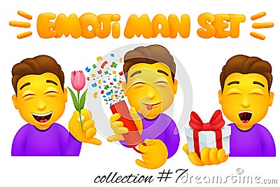 Set of emoji man characters. Cartoon style emoticon collection. Bithday accessories flower, gift box, cracker Cartoon Illustration