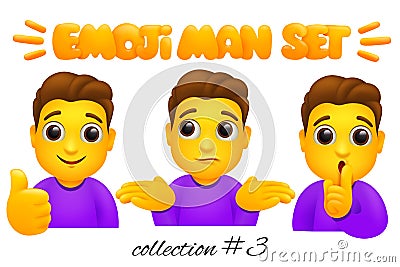 Set of emoji man characters. Cartoon style emoticon collection. Thumbs up, cofusing, keep silence gestures Cartoon Illustration