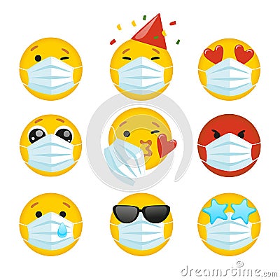 Set of emoji with a medical mask on the face. Different round yellow emoticons protect against the spread of coronavirus. Set of Cartoon Illustration