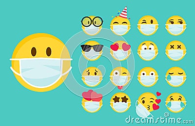 Set of emoji with a medical mask on the face. Vector Illustration