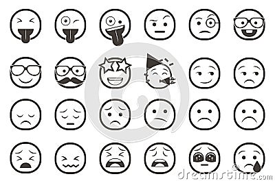 Set of emoticon smiley icons. Cartoon Emoji Set with smile, sad, happy, and flat emotion Stock Photo