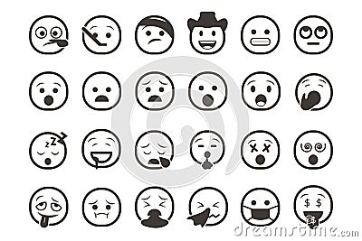 Set of emoticon smiley icons. Cartoon Emoji Set with smile, sad, happy, and flat emotion Stock Photo