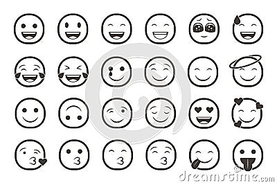 Set of emoticon smiley icons. Cartoon Emoji Set with smile, sad, happy, and flat emotion Stock Photo