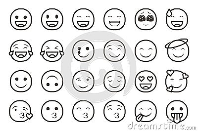 Set of emoticon smiley icons. Cartoon Emoji Set with smile, sad, happy, and flat emotion in line art style Stock Photo