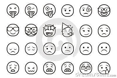 Set of emoticon smiley icons. Cartoon Emoji Set with smile, sad, happy, and flat emotion in line art style Stock Photo