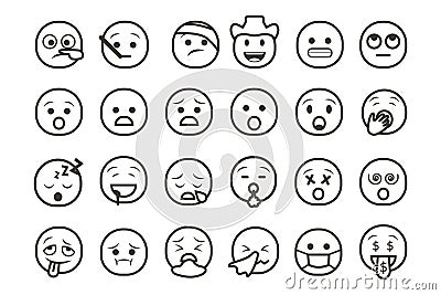 Set of emoticon smiley icons. Cartoon Emoji Set with smile, sad, happy, and flat emotion in line art style Stock Photo