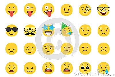 Set of emoticon smiley icons. Cartoon Emoji Set with smile, sad, happy, and flat emotion in flat style Stock Photo