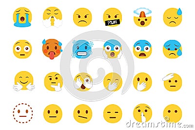 Set of emoticon smiley icons. Cartoon Emoji Set with smile, sad, happy, and flat emotion in flat style Stock Photo