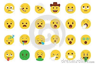 Set of emoticon smiley icons. Cartoon Emoji Set with smile, sad, happy, and flat emotion in flat style Stock Photo