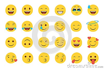 Set of emoticon smiley icons. Cartoon Emoji Set with smile, sad, happy, and flat emotion in flat style Stock Photo