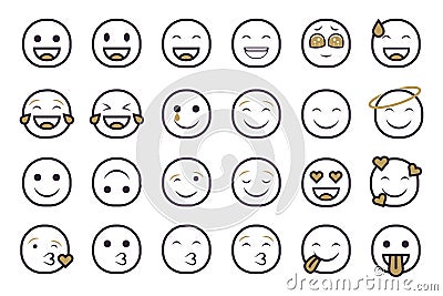 Set of emoticon smilley icons. Cartoon Emoji Set with smile, sad, happy, and flat emotion in two tone style Stock Photo