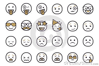 Set of emoticon smilley icons. Cartoon Emoji Set with smile, sad, happy, and flat emotion in two tone style Stock Photo