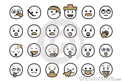 Set of emoticon smilley icons. Cartoon Emoji Set with smile, sad, happy, and flat emotion in two tone style Stock Photo