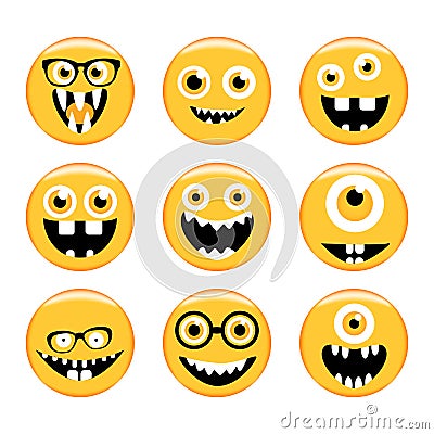 Set of Emoticons. Emoji. Monster faces in glasses with different expressions Vector Illustration