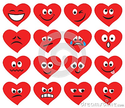 Set of emoticons and emojis in red heart form Vector Illustration