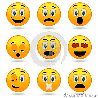 Set of Emoticons. Smile icons. Smiley faces. Emotional funny faces in glossy 3D. Vector Illustration