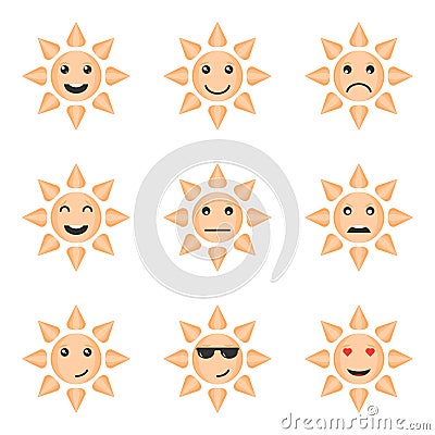 Set of emotion icons of the cartoon sun. Isolated vector on white background Stock Photo