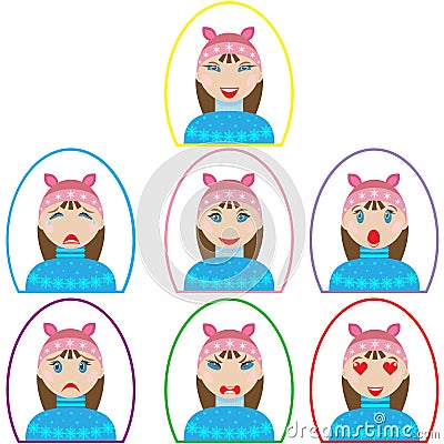 Set of emotion icons. girl in winter clothes in oval frame in flat style Vector Illustration