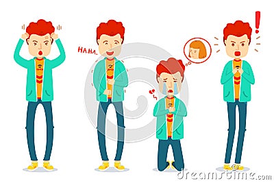 Set of emotion of one man, Sad, Happy, Stress, Shock, Laughing, Crying, Shocking, Straining, Alarm, heartbroken, Young man Vector Illustration