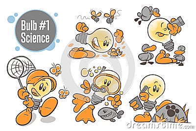 Set of emotional character cartoon lightbulb. Scientists. On white background Vector Illustration