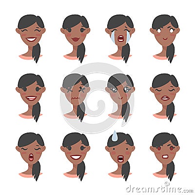 Set of emotional character. Cartoon style emoji. Isolated black girl avatars with different facial expressions. Flat illustration Cartoon Illustration
