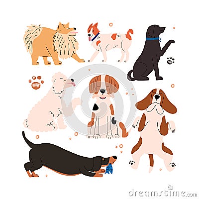 Set of emotional and positive dogs. Collection of hand drawn honeycomb animals. Vector illustration Cartoon Illustration