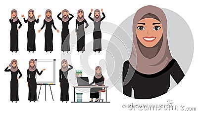 Set of emotions for arabic business woman. Vector Illustration