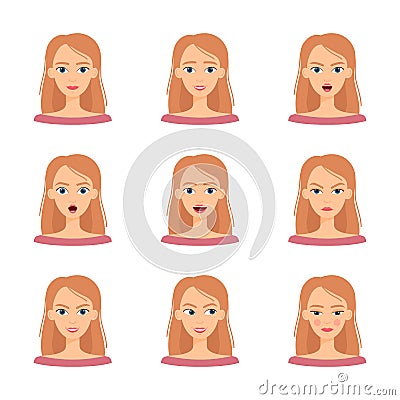 Set of emotions of beautiful blonde girl. Set of different female emotions, vector illustration Vector Illustration