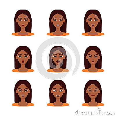 Set of emotions of beautiful dark skinned girl with dark hair. Set of different female emotions, vector illustration Vector Illustration