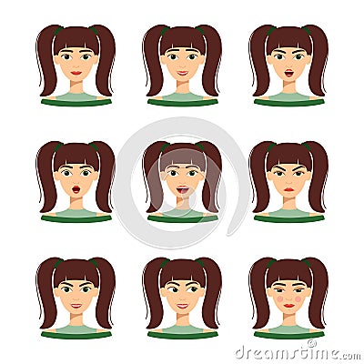 Set of emotions of beautiful girl with dark hair. Set of different female emotions, vector illustration Vector Illustration