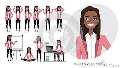 Set of emotions for black african american business woman. Vector Illustration