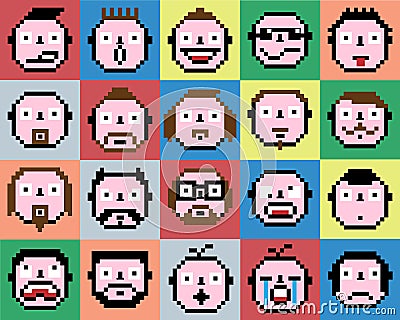 Set of emotions emoji face icons pixel retro vintage Vector Illustration